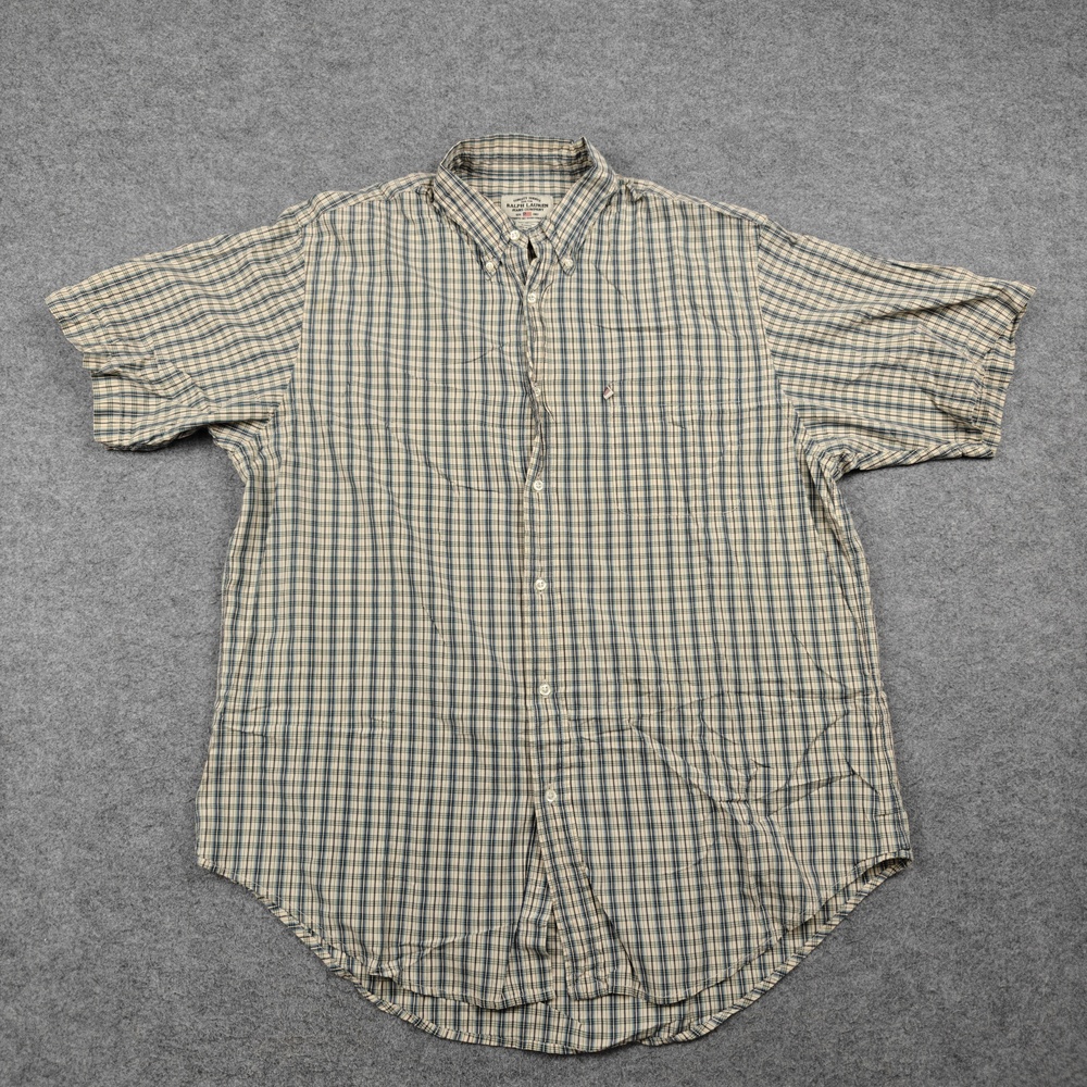 Ralph Lauren Shirt Mens XL Extra Large White Plaid Cotton Short Sleeve Button-Up